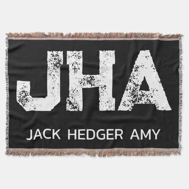 MINIMALIST WHITE THREE LETTER MONOGRAM NAME BLACK THROW BLANKET (Front)