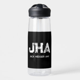 MINIMALIST WHITE THREE LETTER MONOGRAM NAME BLACK WATER BOTTLE