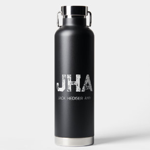 MINIMALIST WHITE THREE LETTER MONOGRAM NAME BLACK WATER BOTTLE