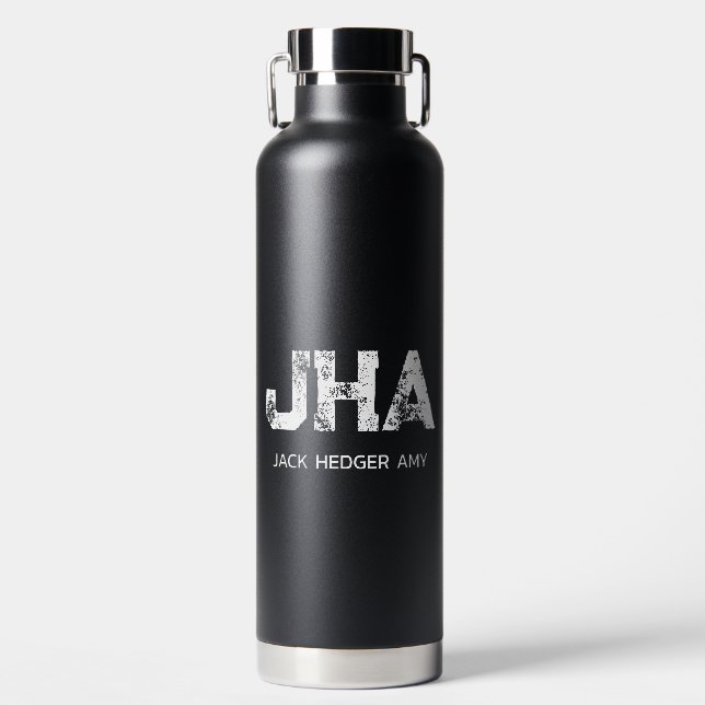 MINIMALIST WHITE THREE LETTER MONOGRAM NAME BLACK WATER BOTTLE (Front)