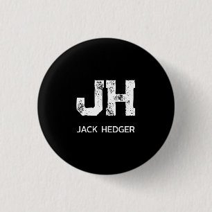 MINIMALIST WHITE TWO LETTER MONOGRAM NAME BLACK 1 INCH ROUND BUTTON