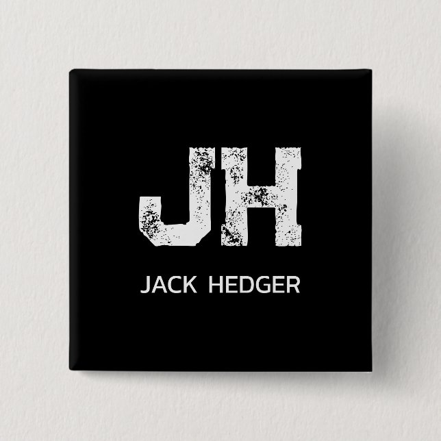 MINIMALIST WHITE TWO LETTER MONOGRAM NAME BLACK 2 INCH SQUARE BUTTON (Front)