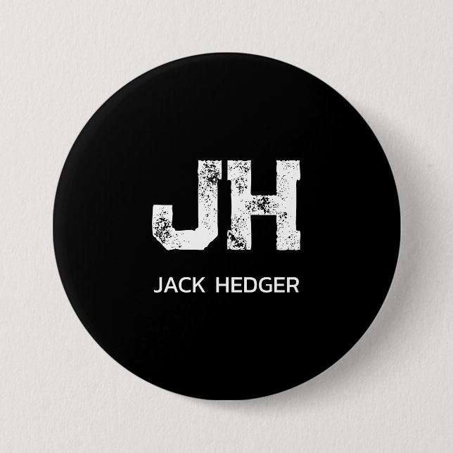 MINIMALIST WHITE TWO LETTER MONOGRAM NAME BLACK 3 INCH ROUND BUTTON (Front)
