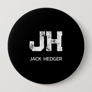 MINIMALIST WHITE TWO LETTER MONOGRAM NAME BLACK 4 INCH ROUND BUTTON
