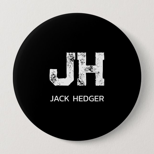 MINIMALIST WHITE TWO LETTER MONOGRAM NAME BLACK 4 INCH ROUND BUTTON (Front)