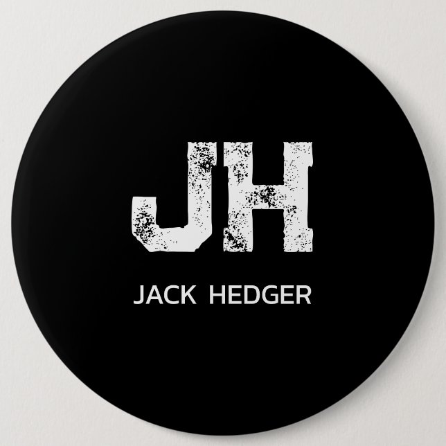 MINIMALIST WHITE TWO LETTER MONOGRAM NAME BLACK 6 INCH ROUND BUTTON (Front)