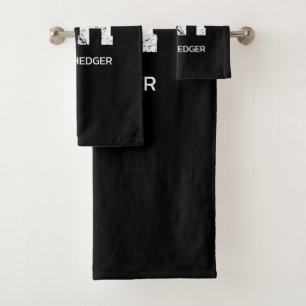 MINIMALIST WHITE TWO LETTER MONOGRAM NAME BLACK  BATH TOWEL SET