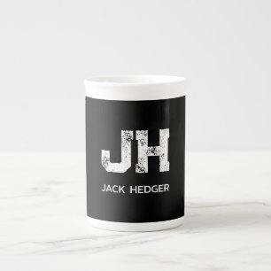 MINIMALIST WHITE TWO LETTER MONOGRAM NAME BLACK BONE CHINA MUG