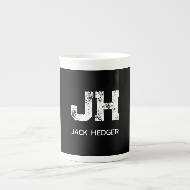 MINIMALIST WHITE TWO LETTER MONOGRAM NAME BLACK BONE CHINA MUG (Front)