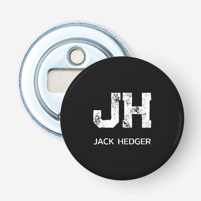 MINIMALIST WHITE TWO LETTER MONOGRAM NAME BLACK  BOTTLE OPENER (Front)
