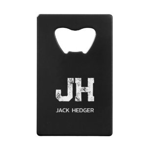 MINIMALIST WHITE TWO LETTER MONOGRAM NAME BLACK CREDIT CARD BOTTLE OPENER
