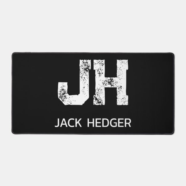 MINIMALIST WHITE TWO LETTER MONOGRAM NAME BLACK  DESK MAT (Front)