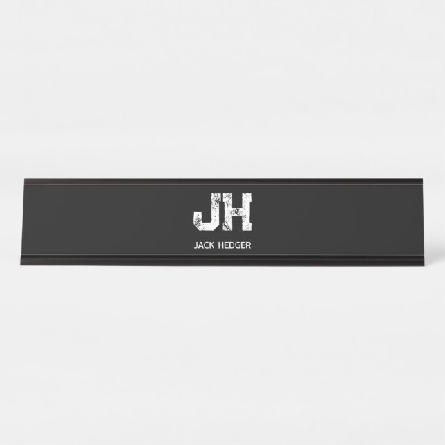 MINIMALIST WHITE TWO LETTER MONOGRAM NAME BLACK  DESK NAME PLATE (Front)
