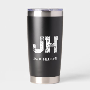 MINIMALIST WHITE TWO LETTER MONOGRAM NAME BLACK INSULATED TUMBLER