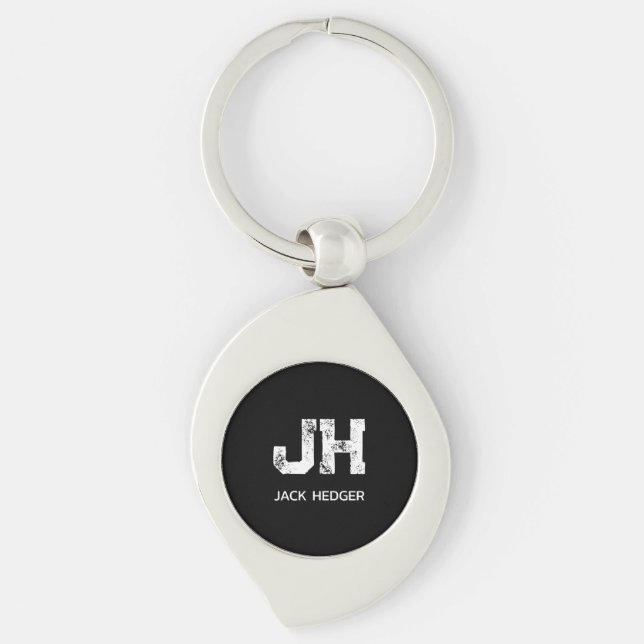 MINIMALIST WHITE TWO LETTER MONOGRAM NAME BLACK KEYCHAIN (Front)