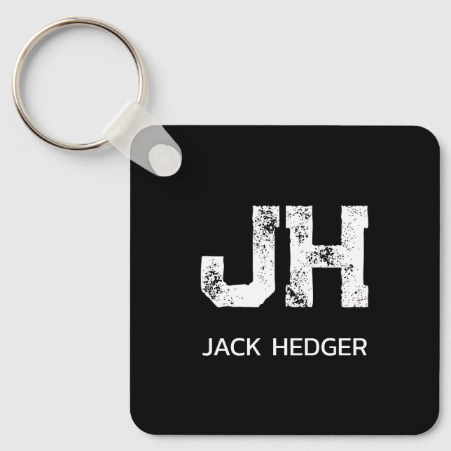 MINIMALIST WHITE TWO LETTER MONOGRAM NAME BLACK  KEYCHAIN (Front)