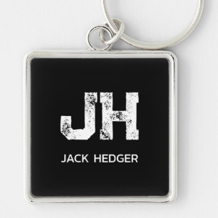 MINIMALIST WHITE TWO LETTER MONOGRAM NAME BLACK  KEYCHAIN