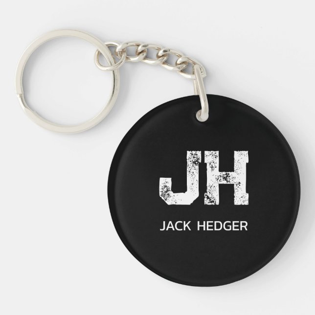 MINIMALIST WHITE TWO LETTER MONOGRAM NAME BLACK KEYCHAIN (Front)