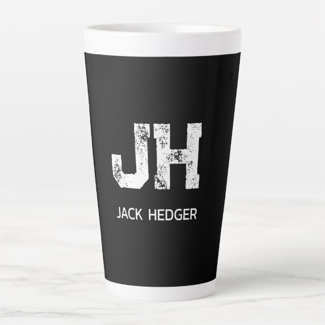 MINIMALIST WHITE TWO LETTER MONOGRAM NAME BLACK LATTE MUG (Front)