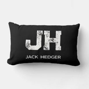 MINIMALIST WHITE TWO LETTER MONOGRAM NAME BLACK LUMBAR PILLOW