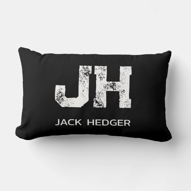 MINIMALIST WHITE TWO LETTER MONOGRAM NAME BLACK  LUMBAR PILLOW (Front)