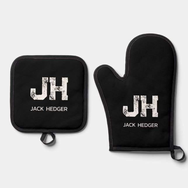 MINIMALIST WHITE TWO LETTER MONOGRAM NAME BLACK OVEN MITT & POT HOLDER SET (Front)