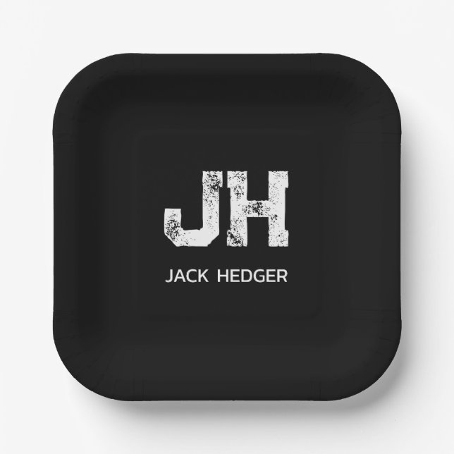 MINIMALIST WHITE TWO LETTER MONOGRAM NAME BLACK PAPER PLATE (Front)