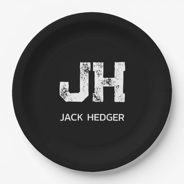 MINIMALIST WHITE TWO LETTER MONOGRAM NAME BLACK PAPER PLATE (Front)