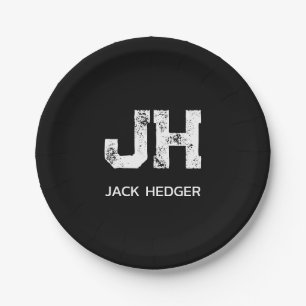MINIMALIST WHITE TWO LETTER MONOGRAM NAME BLACK PAPER PLATE