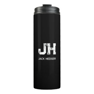MINIMALIST WHITE TWO LETTER MONOGRAM NAME BLACK THERMAL TUMBLER