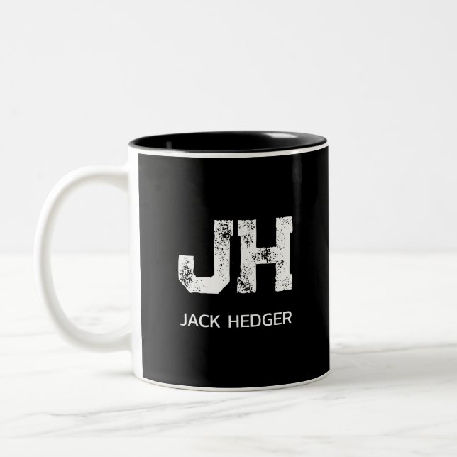 MINIMALIST WHITE TWO LETTER MONOGRAM NAME BLACK Two-Tone COFFEE MUG (Left)