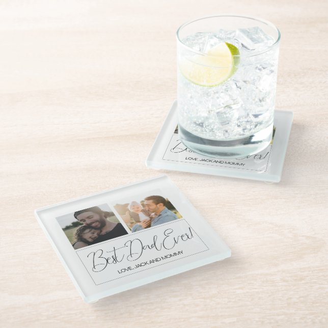 Minimalist White Two Photo Fathers Day Glass Coaster (Angled)