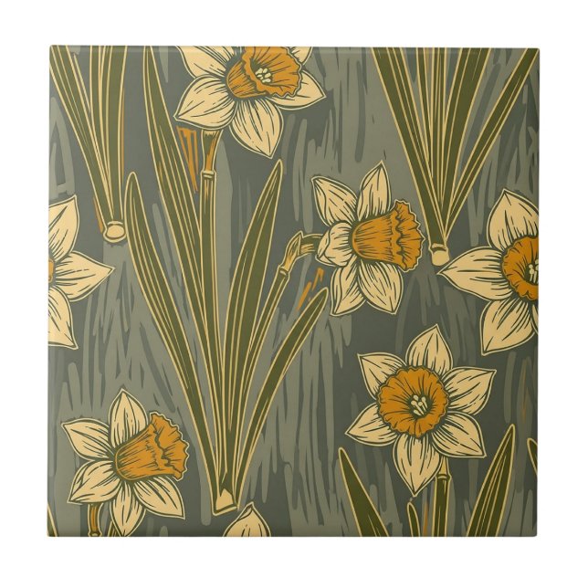Minimalist White Yellow Daffodil Floral Pattern Tile (Front)