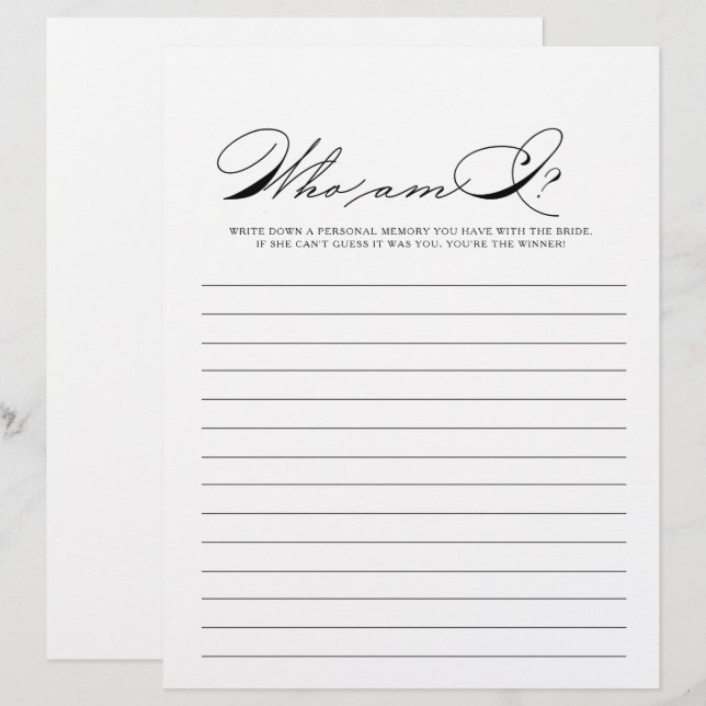 Minimalist Who Am I Bridal Shower Game (Front/Back)