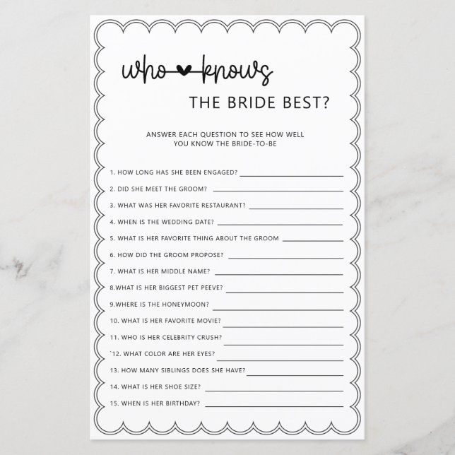 Minimalist who knows the bride best bridal shower (Front)