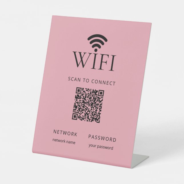 Minimalist WiFi Password Desk Sign QR Code  Pink (Front)