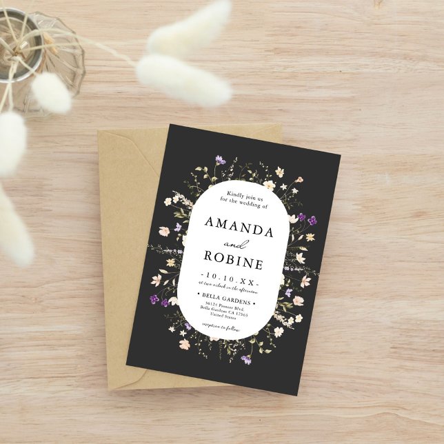Minimalist Wildflower Black Wedding Invitation (Creator Uploaded)