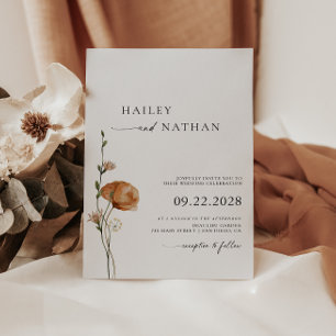 Minimalist Wildflower Black White Wedding Invitation