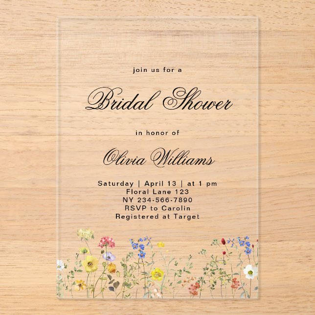 Minimalist Wildflower Bridal Shower Acrylic Invitations (Front)