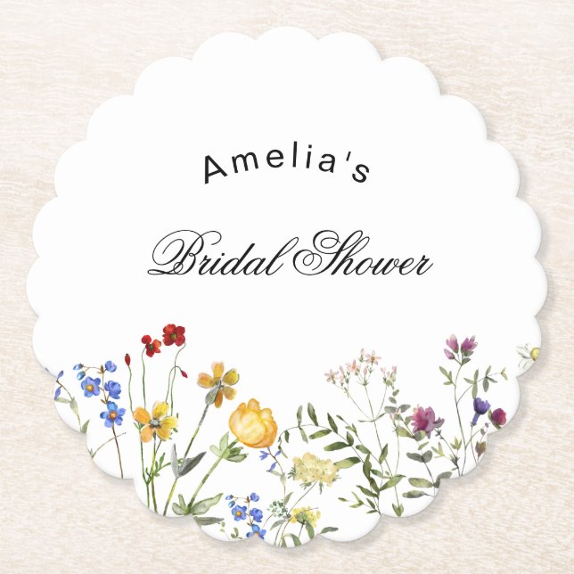Minimalist Wildflower Bridal Shower Paper Coaster (Front)