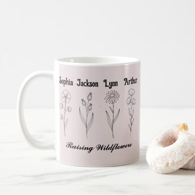 Minimalist Wildflower Custom Kids Name Keepsake Coffee Mug (With Donut)