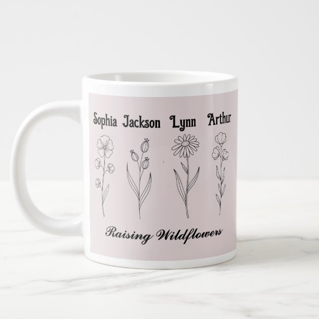 Minimalist Wildflower Custom Kids Name Keepsake Large Coffee Mug (Left)