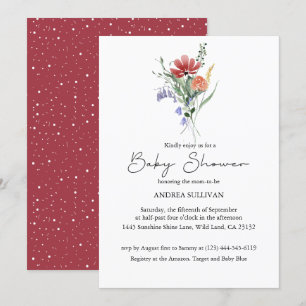Minimalist Wildflower Dark Pink Baby Shower Invitation