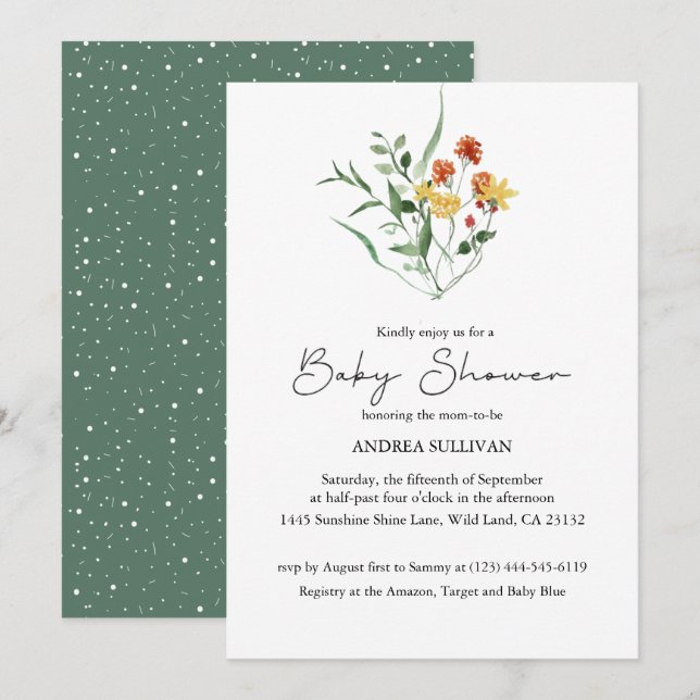 Minimalist Wildflower Green Baby Shower Invitation (Front/Back)