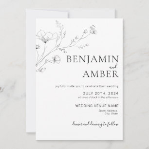 Minimalist Wildflower Lineart Drawing Boho Wedding Invitation