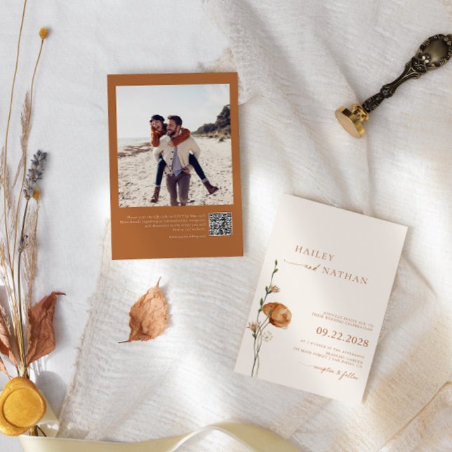 Minimalist Wildflower Photo Burnt Orange Wedding Invitation (Creator Uploaded)