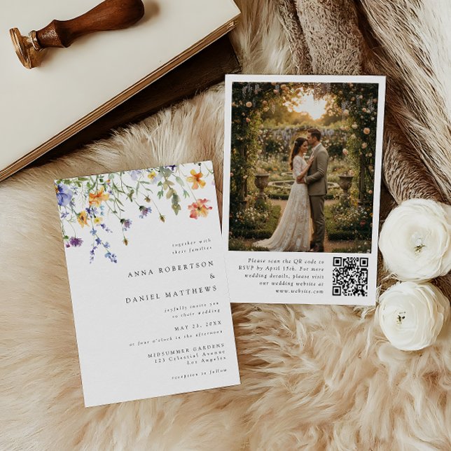 Minimalist Wildflower QR Code  Photo Wedding Invit Invitation (Creator Uploaded)