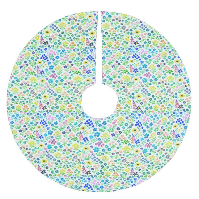 Minimalist Wildflower Seamless Pattern on White  Brushed Polyester Tree Skirt (Front)