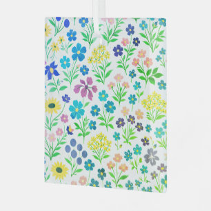 Minimalist Wildflower Seamless Pattern on White  Glass Ornament