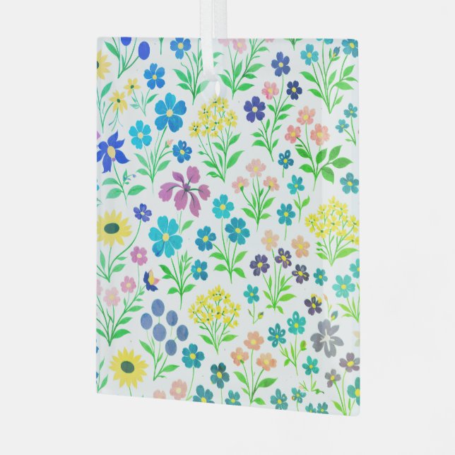 Minimalist Wildflower Seamless Pattern on White  Glass Ornament (Front Left)